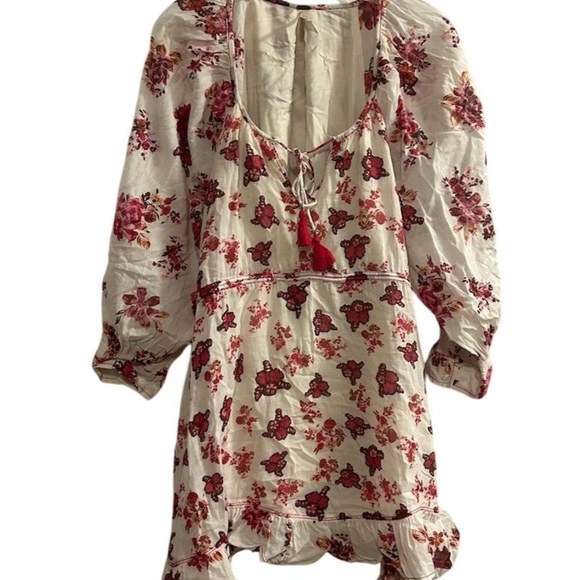 Free People Camella Mini Dress M Ivory and Pink Floral Bohemian 3/4 Sleeve - Picture 11 of 16